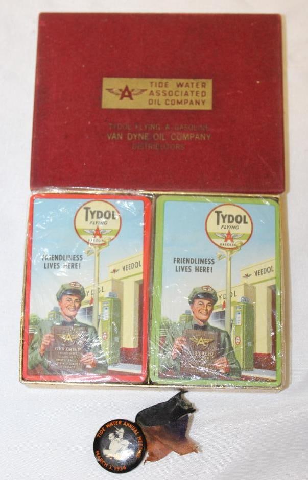 Tide Water Tydol Flying A Playing Cards and Pin Badge: playing cards are new in the box
