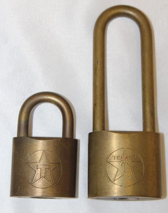 Group of 2 Texaco Oil Company Brass Locks: largest 5" x 1.75"