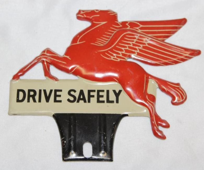 Mobiloil Drive Safely Embossed Pegasus Advertising License Plate Topper (1 of 2)