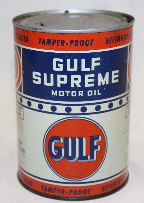 Gulf Supreme Metal 1 Quart Motor Oil Can: 5.5" x 4", drained by one hole in the top lid, in very good condition with only minor wear