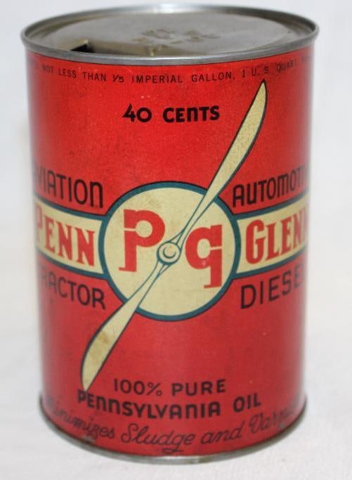 Penn Glenn Metal 1 Quart Motor Oil Can: 5.5" x 4", has some light staining and discoloration throughout, drained by one hole in the top lid