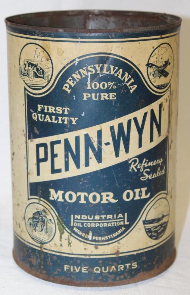 Penn-Wyn 5 Quart Motor Oil Can: 9.5" x 6.5", missing top lid, has staining and discoloration throughout