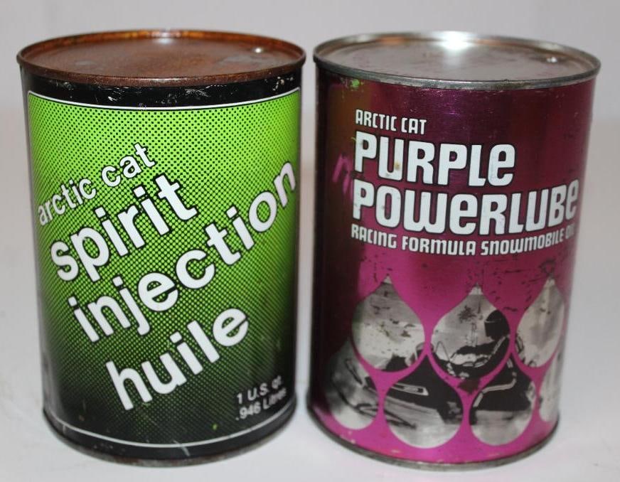 Group of 2 Artic Cat Spirit and Purple Power Metal One Quart Snowmobile Motor Oil Cans: Both are empty. Both have light wear and scratches.