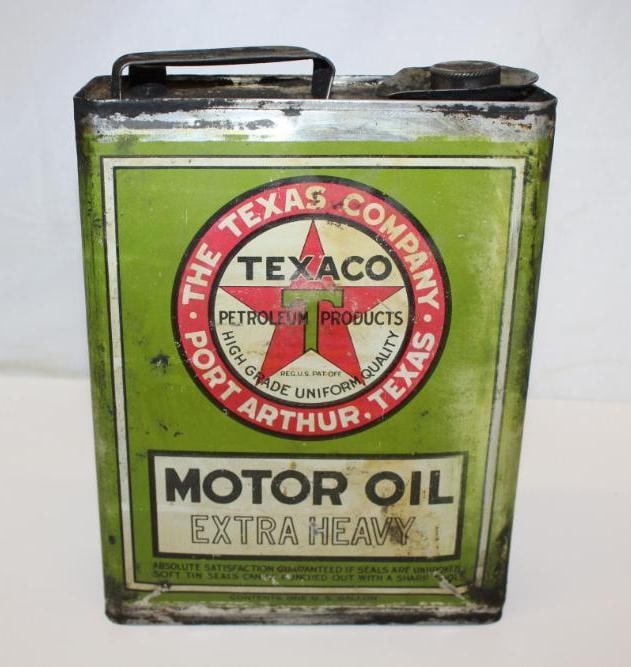 Texaco Port Arthur Extra Heavy One Gallon Motor Oil Can: Some staining and wear throughout with heavy fading and rust to the reverse: 8" x 10" x 3"
