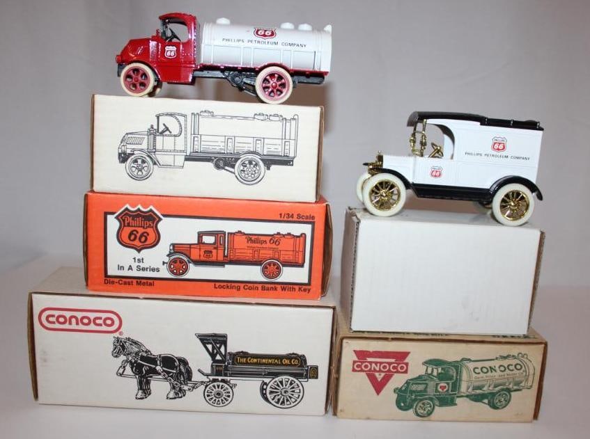 Group of 5 Conoco and Phillips 66 Gas Station Ertl Die Cast Truck Banks: all with original boxes