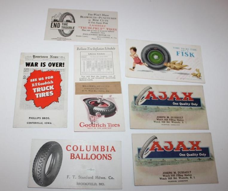 Group of 7 Tire Related Advertising Ink Blotters: largest 7" x 3.5", Lambert, Fisk, Ajax, Columbia, Goodrich