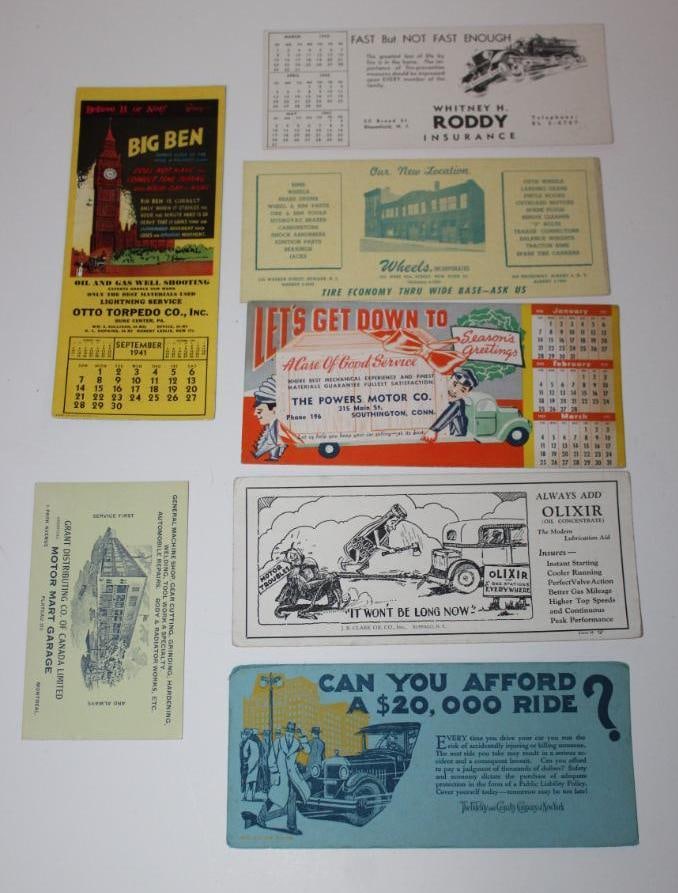 Group of 7 Graphic Advertising Ink Blotters: largest 9.5" x 4", insurance and mechanic Brands