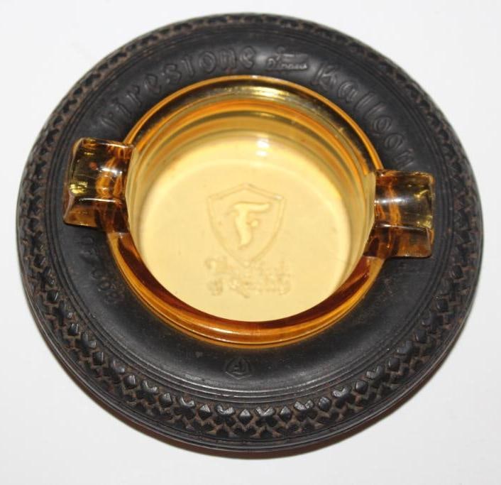 Firestone The Mark of Quality Advertising Tire Ashtray: 5.5" diameter w/ amber glass