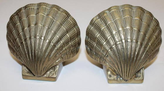 Group of 2 Figural Shell Brass Bookends: 4.5" x 4" x 2.5"