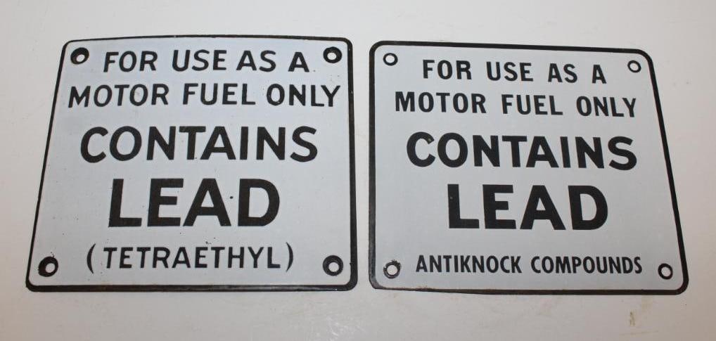Group of 2 Porcelain Gas Pump Contains Lead Signs (1 of 2)