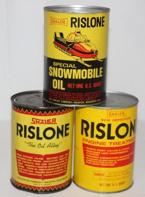 Group of 3 Shaler Rislone Snowmobile Metal One Quart Motor Oil Cans: There is some light wear throughout. All are empty.