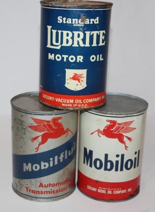 Group of 3 Socony Mobil Lubrite Metal One Quart Motor Oil Cans (1 of 2)