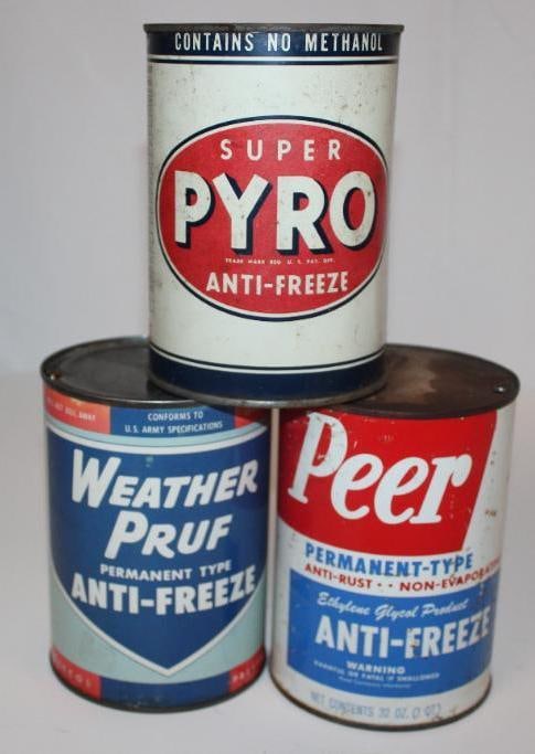 Group of 3 Weather Pruf, Peer, Super Pyro Metal One Quart Anti-Freeze Cans (1 of 2)