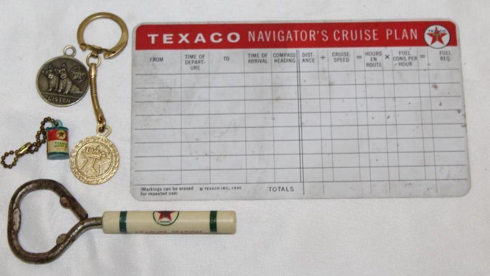 Group of 5 Texaco Oil Company Advertising Items: keychains, reminder cards, bottle openers