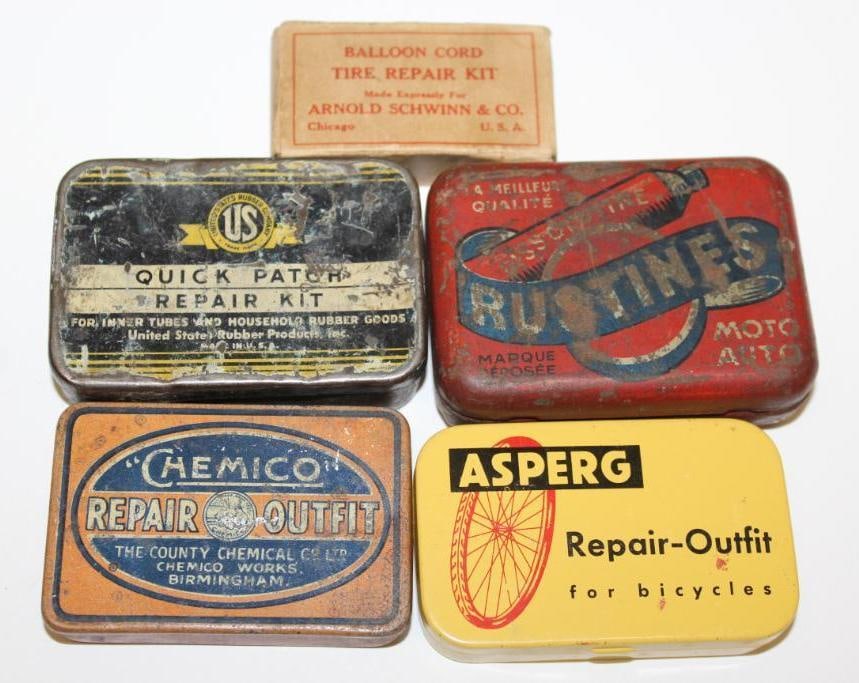 Group of 5 Tire Repair Advertising Cans: Chemico, US, Asperg, Rustines, Arnold Schwinn: Largest is 3" x 2.25" x 1"