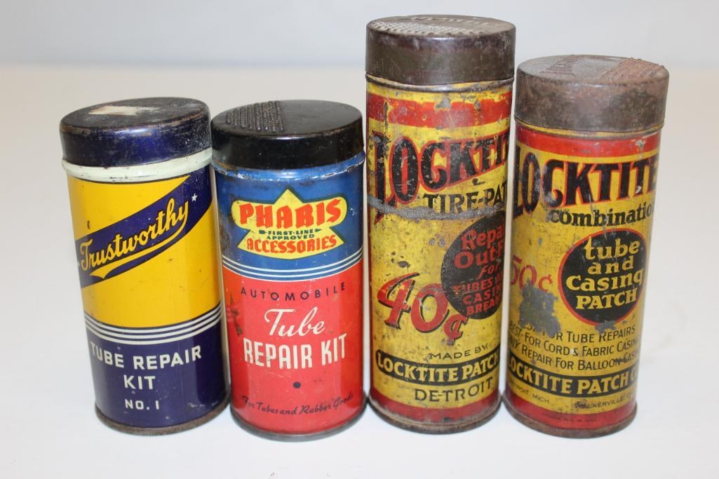 Group of 4 Tire Repair Advertising Cans: Locktite, Pharis, Trustworthy; Larest is 5.5" x 1.75"