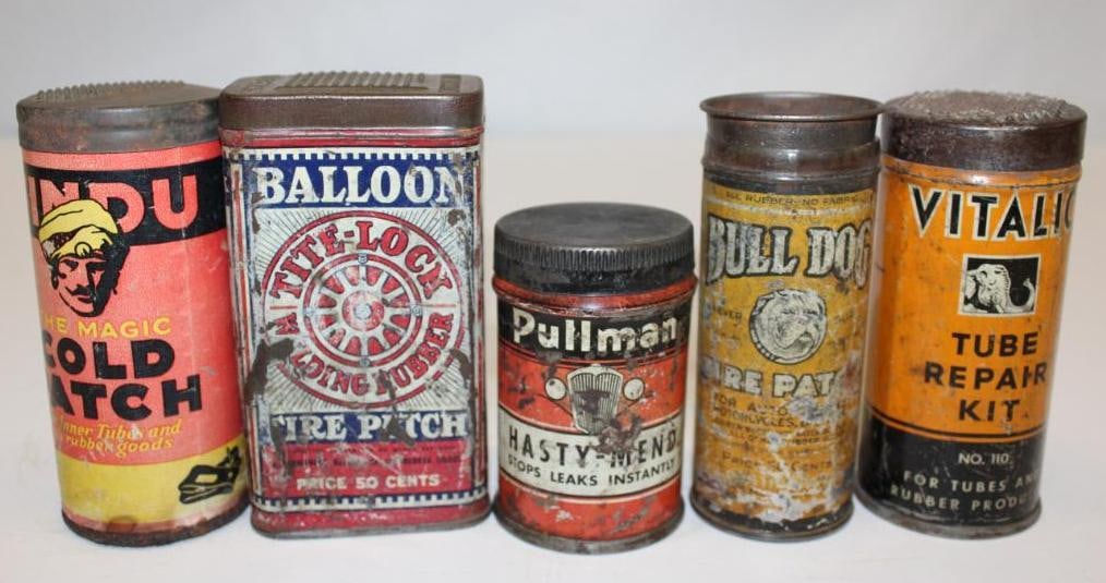 Group of 5 Graphic Tire Repair Advertising Cans: Tite' Lock, Pullman, Vitalic, Bulldog, Hindu; Largest 2.5" x 4.5" x 1.5"
