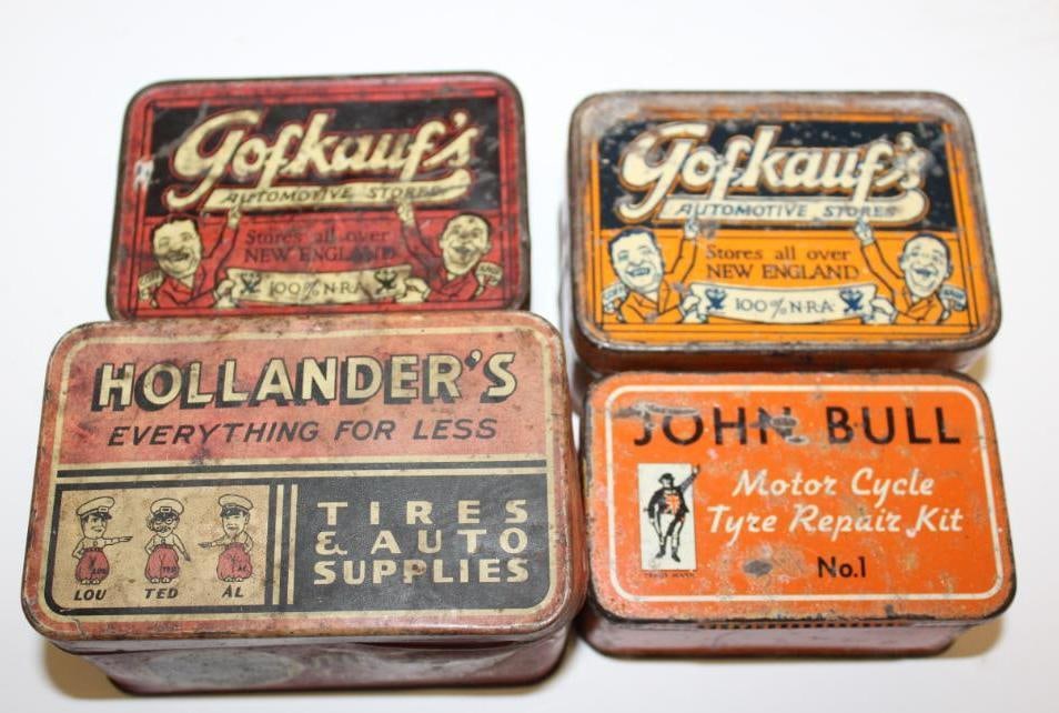 Group of 4 Automobile Light Bulb Advertising Cans: Largest is 4" x 2.5" x 2.25"