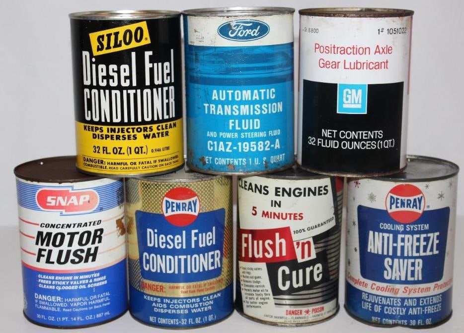 Group of 7 Ford, GM, PenRay, Siloo  Metal One Quart Motor Oil Cans (1 of 2)