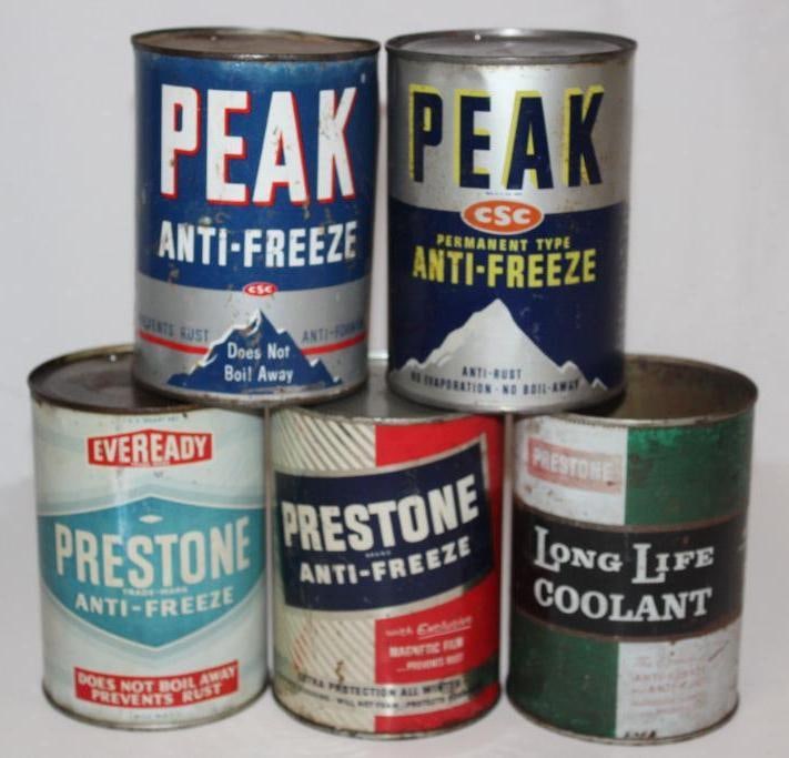 Group of 5 Prestone and Peak Metal One Quart AntiFreeze Cans (1 of 2)