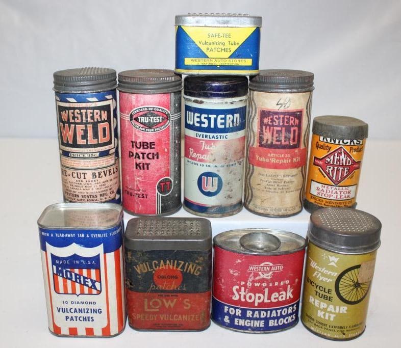 Group of 10 Tire Repair Advertising Cans: Largest 4.25" x 1.75"