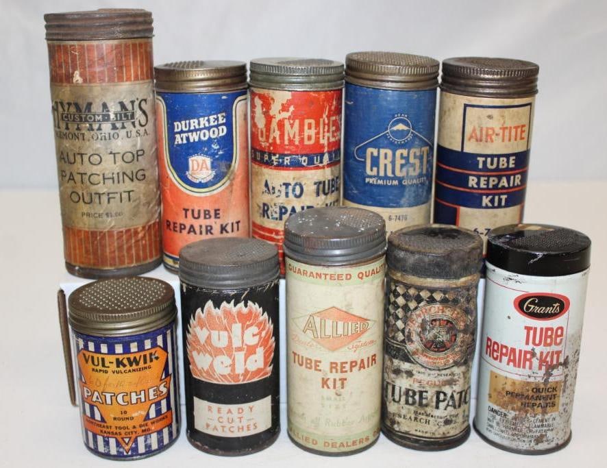 Group of 10 Tire Repair Advertising Cans: Largest is 5.5" x 2"
