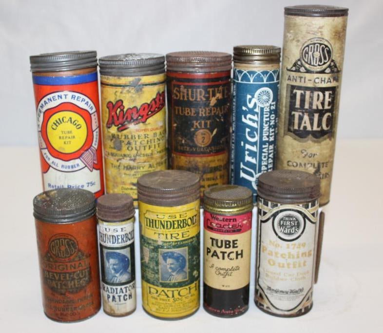 Group of 10 Tire Repair Advertising Cans: Largest is 5" x 2"