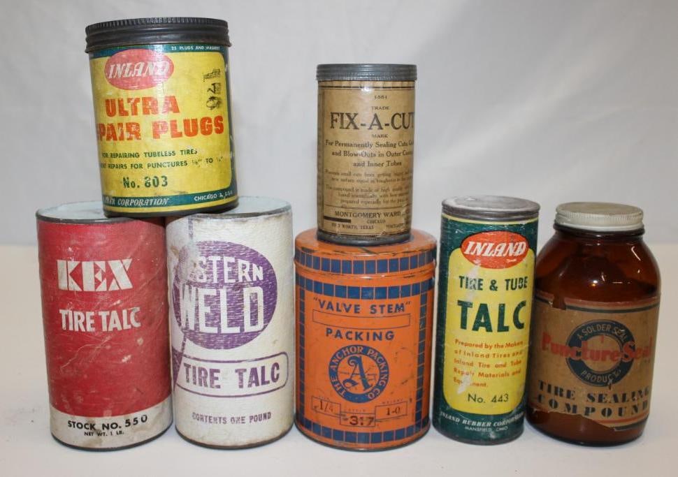 Group of 7 Tire Repair Advertising Cans: Largest is 5" x 3.5"