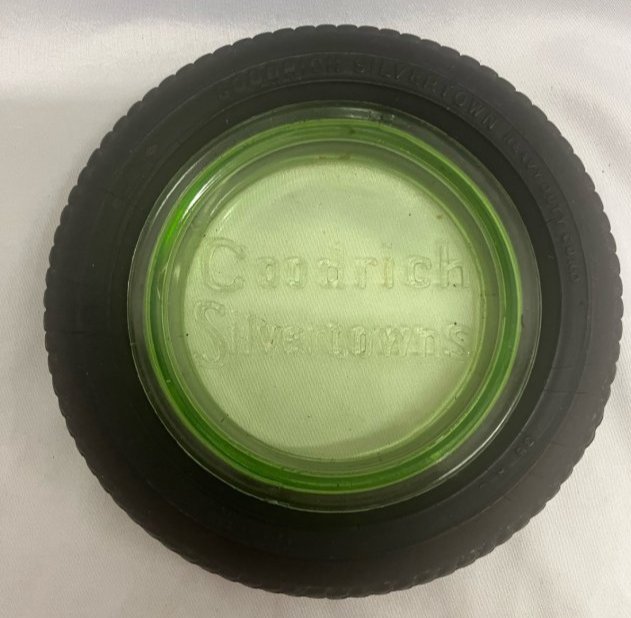 BF Goodrich Silvertown Advertising Tire Ashtray w/ Green Glass Center: 6" diameter
