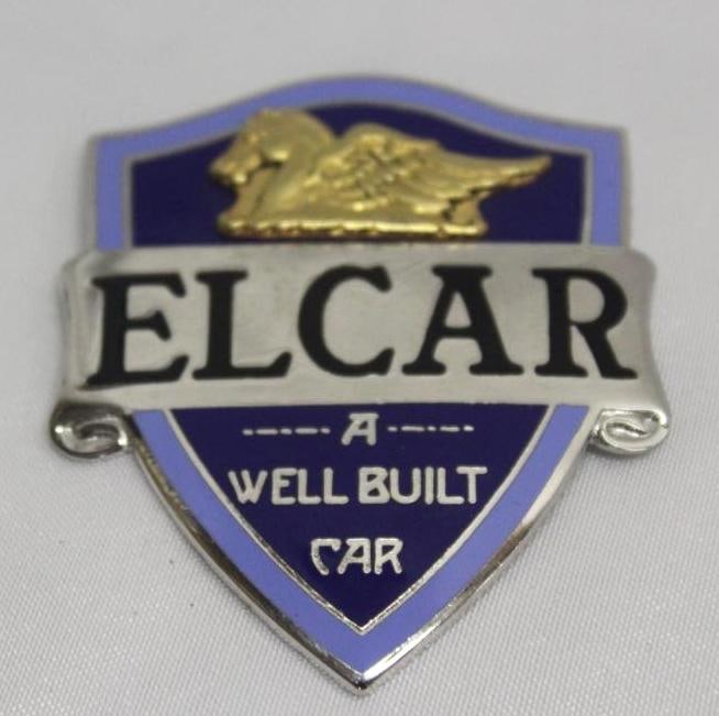 1923-1928 Elcar Motor Car Co Radiator Emblem Badge: 2" x 2.25", cloisonne, this original emblem has been professionally restored