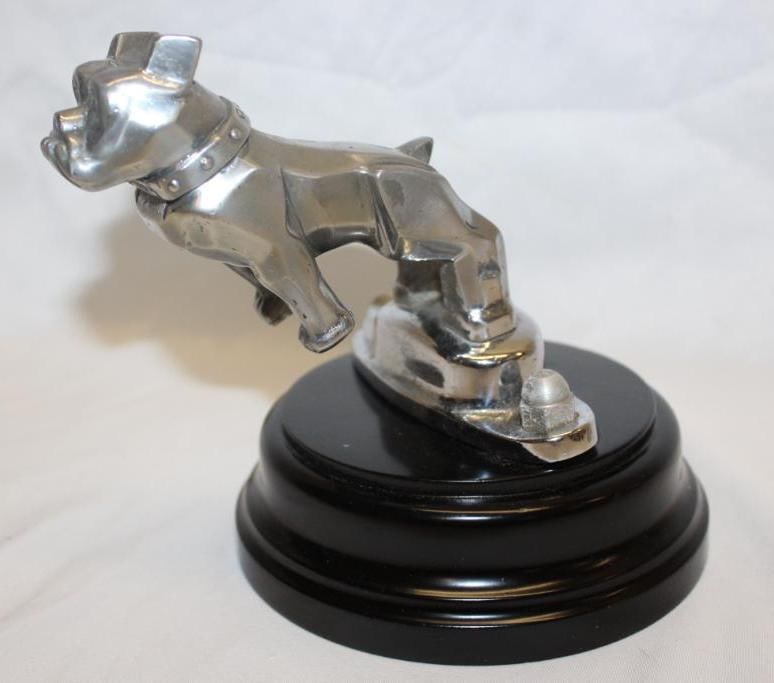 MACK Bulldog Radiator Mascot Hood Ornament: 7" x 6.5" x 5.5", mounted to wood base