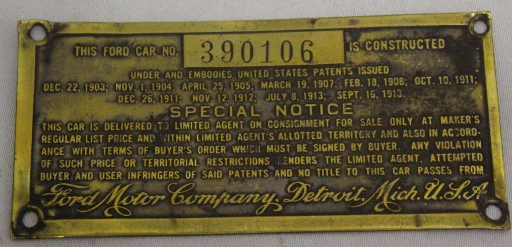 Brass Ford Motor Co Model T Serial Data Tag (1 of 2)