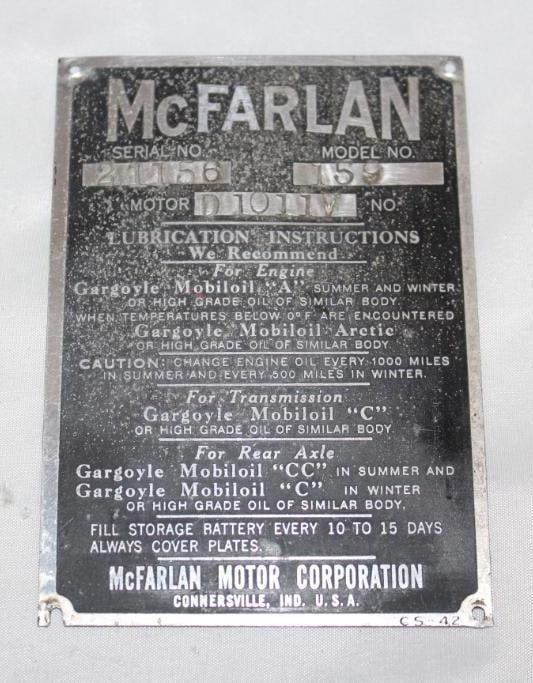 McFarlan Motor Car Co Serial Data Tag (1 of 2)