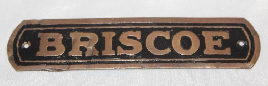 Brass 1914-1915 Bricoe Motor Car Co Nameplate Emblem Badge: 4.5" x 1"