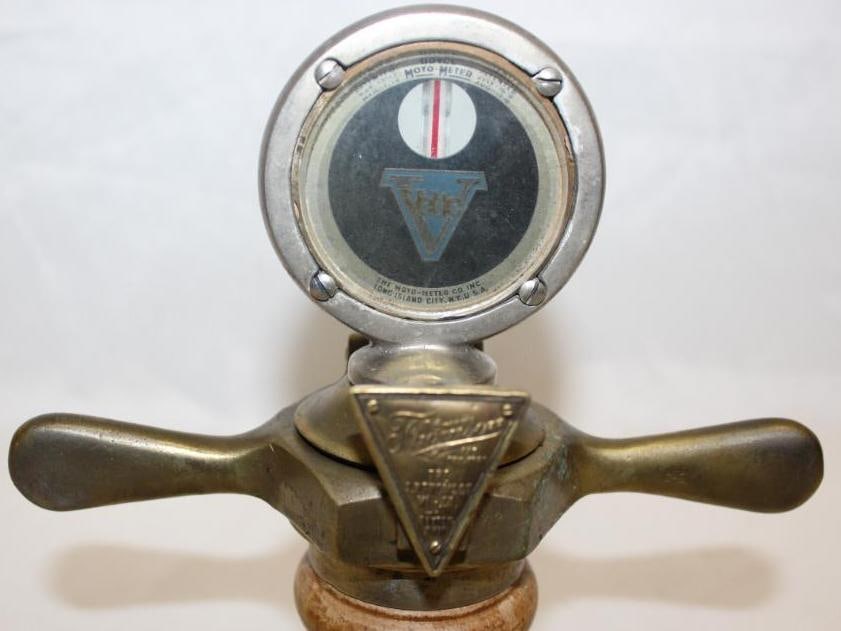 Velie Motor Car Co Moto Meter Radiator Mascot: 7.5" x 5" x 3", mounted to brass Thompson base