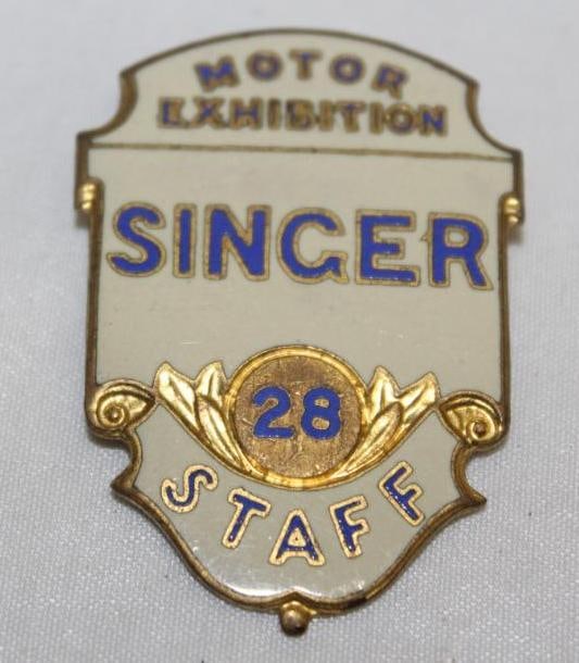 Singer Motor Exhibition Staff Pin Badge: 1.25" x 2", cloisonne