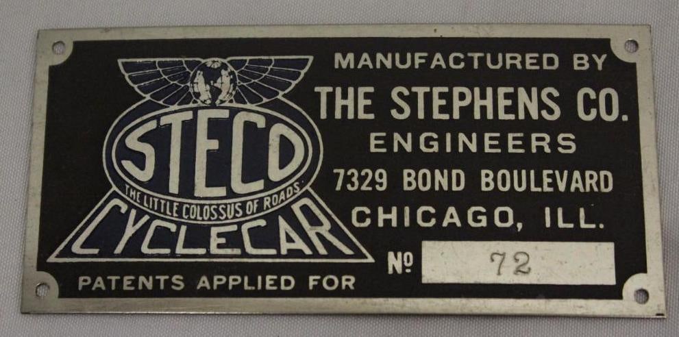 The Stevens Co Cycle Car Serial Data Tag: 3.75" x 1.75"