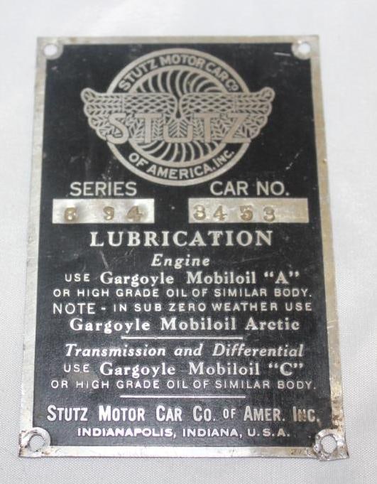 1925 Stutz 694 Serial Data Tag (1 of 2)