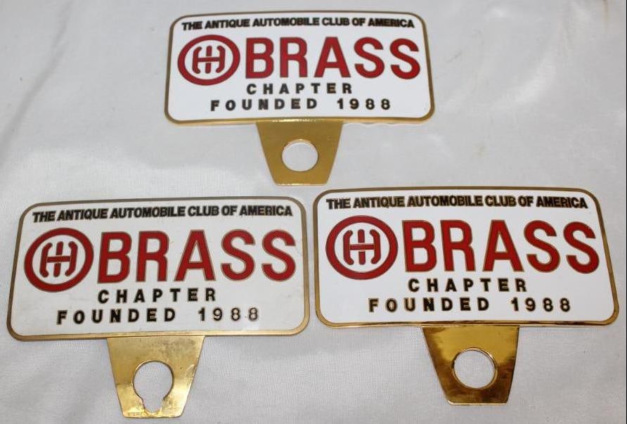Group of 3 AACA Brass Chapter Snappers License Plate Toppers: 4" x 5", cloisonne