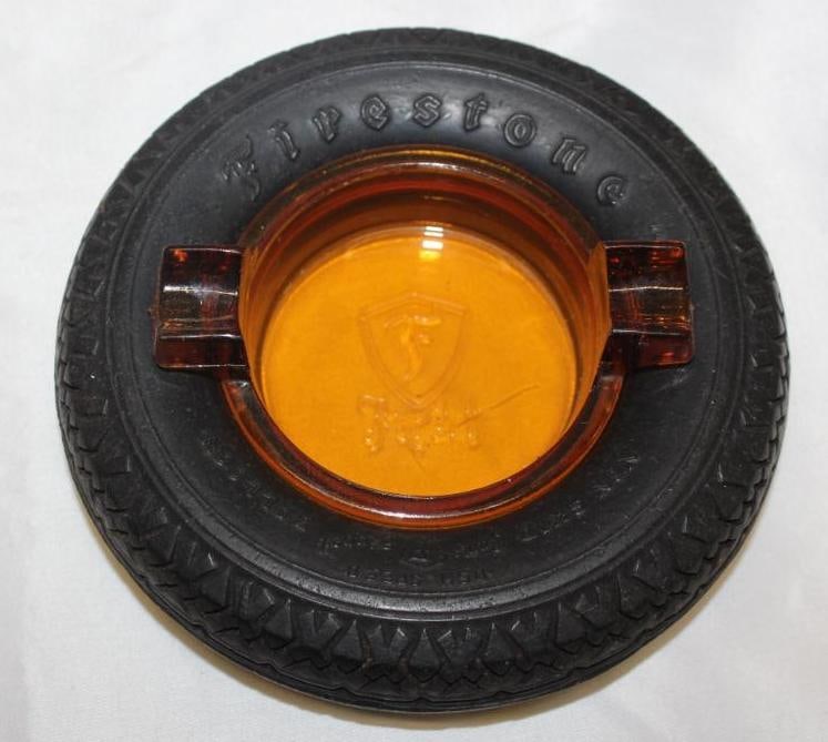 Firestone Mark of Quality Amber Advertising Tire Ashtray: 6" diameter