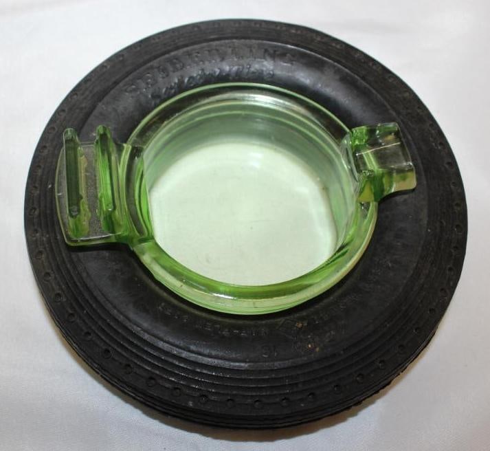 Seiberling Advertising Tire Ashtray w/ Green Glass: 5.75" diameter