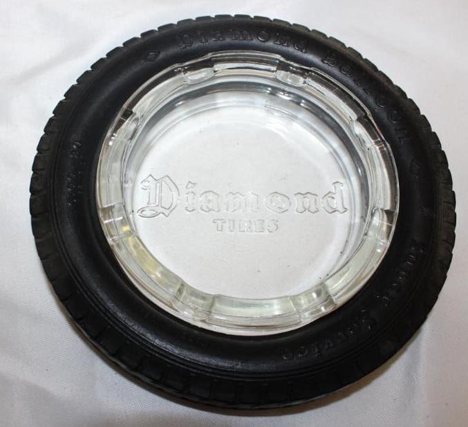Diamond Tires Advertising Tire Ashtray w/ Embossed Clear Glass Center: 6.5" diameter
