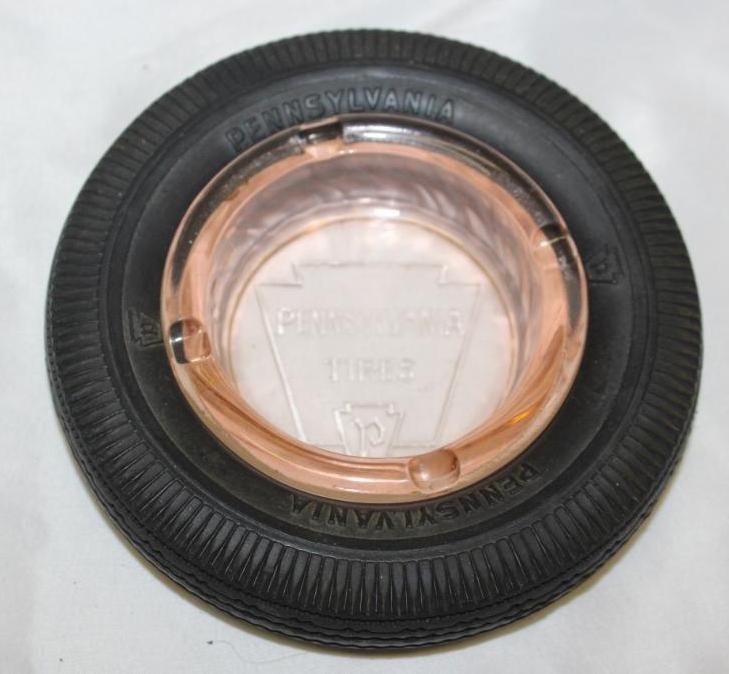 Pennsylvania Tires Advertising Tire Ashtray w/ Embossed Pink Glass Center: 5.5" diameter