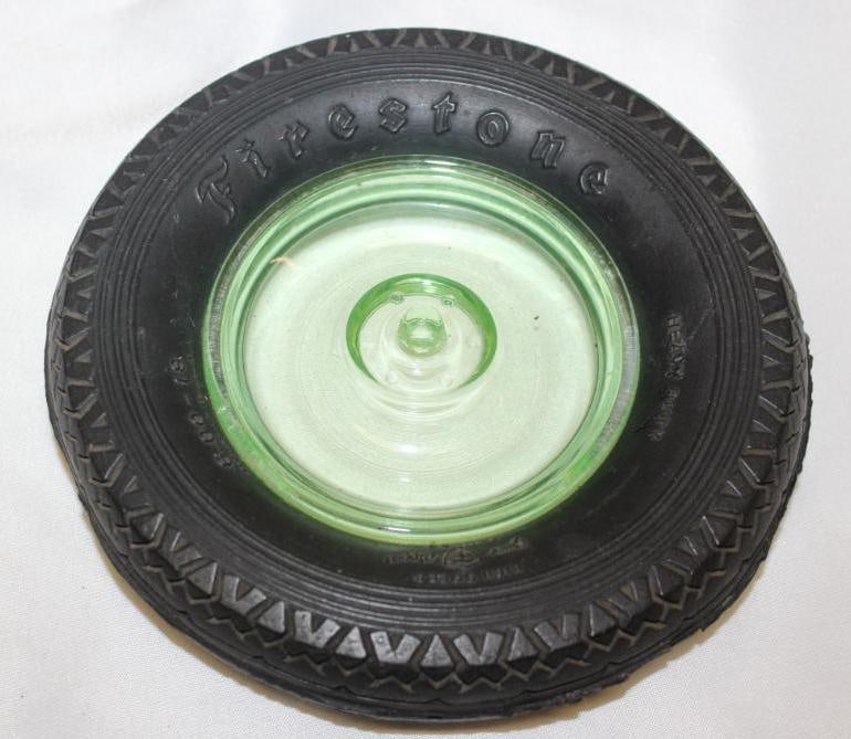 Firestone Advertising Tire Ashtray w/ Green Wheel Shaped Glass Center (1 of 2)