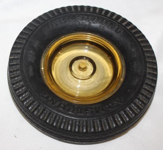 Armstrong Tires Advertising Tire Ashtray w/ Wheel Shaped Amber Glass Center: 6" diameter