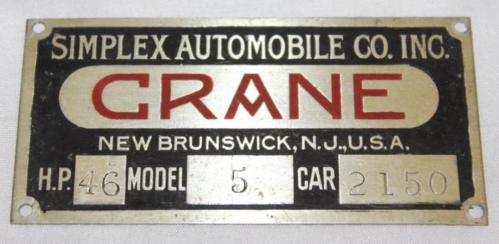 1915 Simplex Crane Data Tag Emblem (1 of 2)