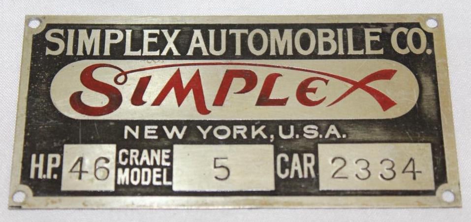 1915 Simplex Crane Model 5 Data Tag Emblem (1 of 2)