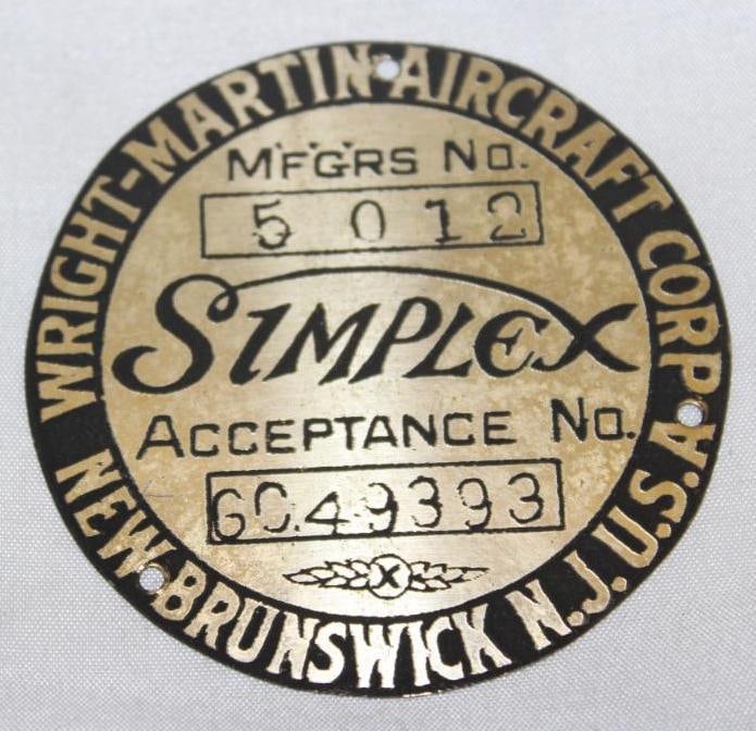 1916-1919 Wright Martin Aircraft Simplex Data Tag Emblem (1 of 2)