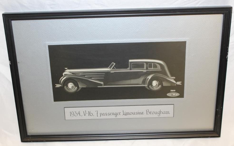1934 Cadillac V-16 Fleetwood Coachwork Artwork 7-Passenger Limousine Brougham: 19.5" x 13"; Framed