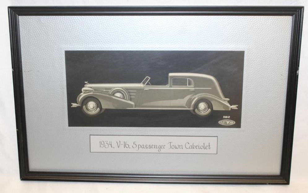 1934 Cadillac V-16 Fleetwood Coachwork Artwork 5 Passenger Town Cabriolet: 19.5" x 13"; Framed